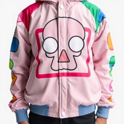 A close-up view of a Squid Game-themed jacket featuring a distinctive graphic face design on the front