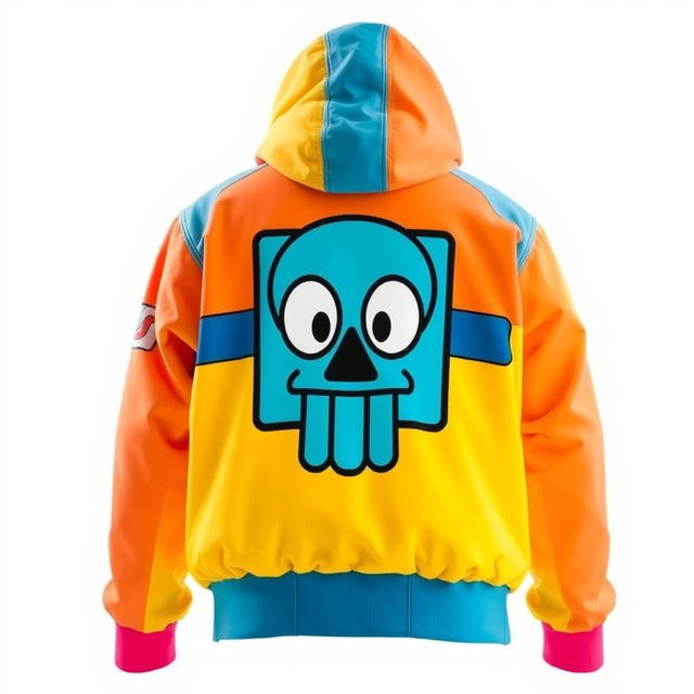 A close-up view of a Squid Game-themed jacket featuring a distinctive graphic face design on the front