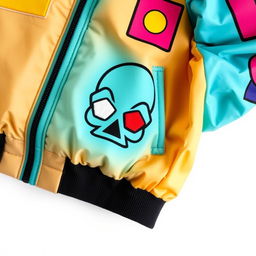 A close-up view of a Squid Game-themed jacket featuring a distinctive graphic face design on the front