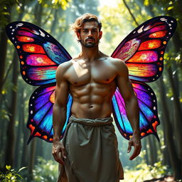 A muscular man standing majestically, adorned with vibrant butterfly wings that are intricately detailed and colorful, blending harmoniously with his physique