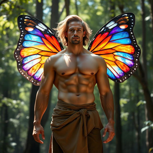 A muscular man standing majestically, adorned with vibrant butterfly wings that are intricately detailed and colorful, blending harmoniously with his physique