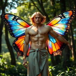 A muscular man standing majestically, adorned with vibrant butterfly wings that are intricately detailed and colorful, blending harmoniously with his physique