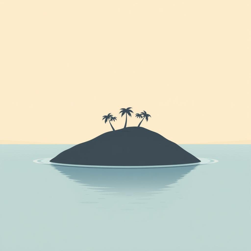 A minimalist illustration of a sinking island, featuring a small island with a few palm trees, water surrounding it gently, and a serene sky with soft, pastel colors