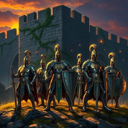 A mystical scene featuring powerful iron warriors standing guard at an ancient fortress