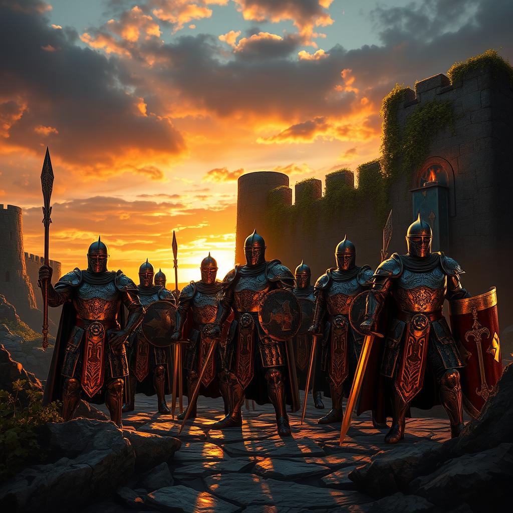 A mystical scene featuring powerful iron warriors standing guard at an ancient fortress