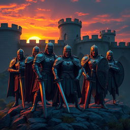A mystical scene featuring powerful iron warriors standing guard at an ancient fortress
