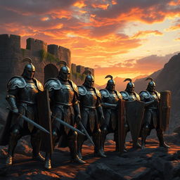 A mystical scene featuring powerful iron warriors standing guard at an ancient fortress