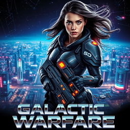 A highly realistic and captivating movie poster featuring an intense sci-fi scene: in the background, a sprawling futuristic cityscape illuminated with neon lights under a starry sky