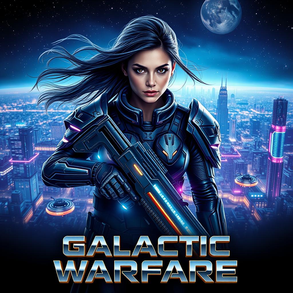 A highly realistic and captivating movie poster featuring an intense sci-fi scene: in the background, a sprawling futuristic cityscape illuminated with neon lights under a starry sky