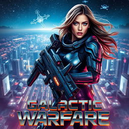 A highly realistic and captivating movie poster featuring an intense sci-fi scene: in the background, a sprawling futuristic cityscape illuminated with neon lights under a starry sky