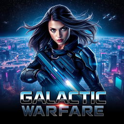 A highly realistic and captivating movie poster featuring an intense sci-fi scene: in the background, a sprawling futuristic cityscape illuminated with neon lights under a starry sky