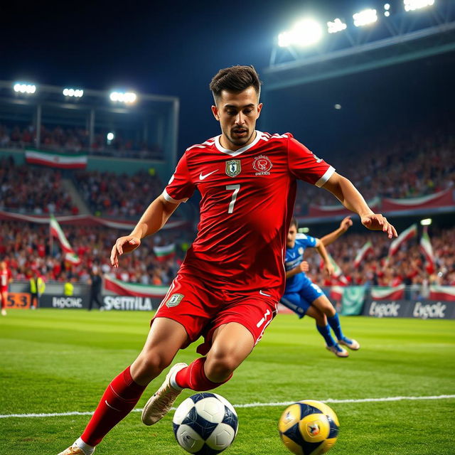 A dynamic and action-packed portrait of Persepolis football player number 7, wearing the team's iconic red jersey