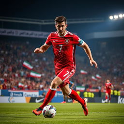 A dynamic and action-packed portrait of Persepolis football player number 7, wearing the team's iconic red jersey