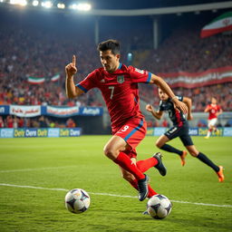 A dynamic and action-packed portrait of Persepolis football player number 7, wearing the team's iconic red jersey