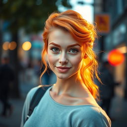 A stunning portrait of a confident young woman with vibrant orange/ginger hair and matching eyebrows, styled in soft waves