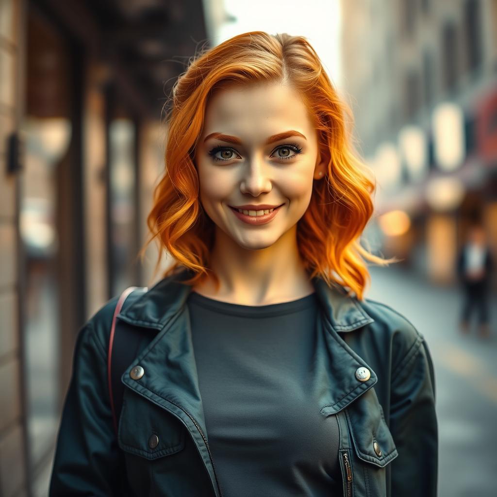 A stunning portrait of a confident young woman with vibrant orange/ginger hair and matching eyebrows, styled in soft waves