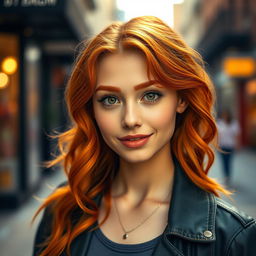 A stunning portrait of a confident young woman with vibrant orange/ginger hair and matching eyebrows, styled in soft waves