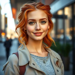 A stunning portrait of a confident young woman with vibrant orange/ginger hair and matching eyebrows, styled in soft waves