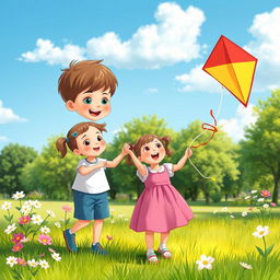 A cute and heartwarming scene depicting a 6-year-old brother and his 2-year-old sister playing in a sunny park