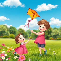 A cute and heartwarming scene depicting a 6-year-old brother and his 2-year-old sister playing in a sunny park