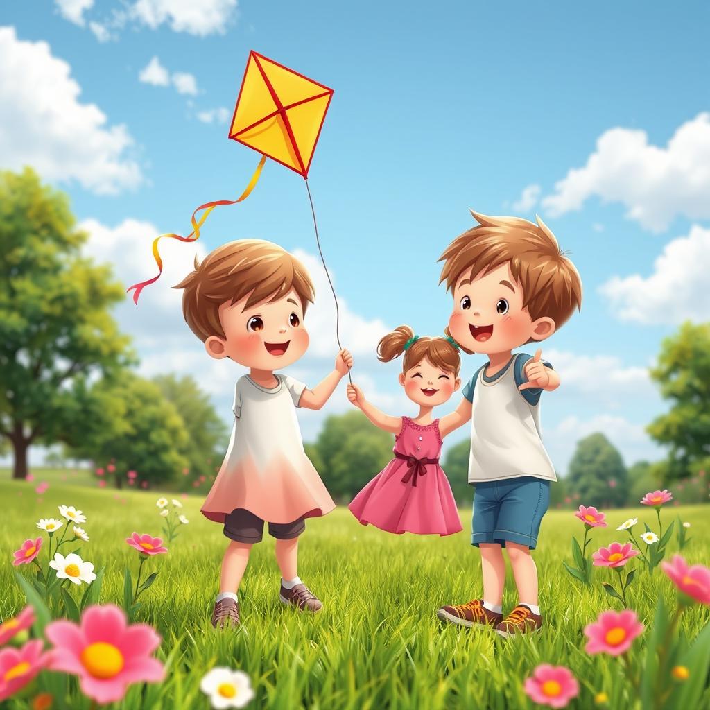 A cute and heartwarming scene depicting a 6-year-old brother and his 2-year-old sister playing in a sunny park