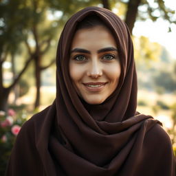 A stunning portrait of a confident Iranian woman wearing a traditional chador, her face beautifully framed, showcasing her expressive eyes and a gentle smile