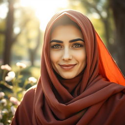A stunning portrait of a confident Iranian woman wearing a traditional chador, her face beautifully framed, showcasing her expressive eyes and a gentle smile