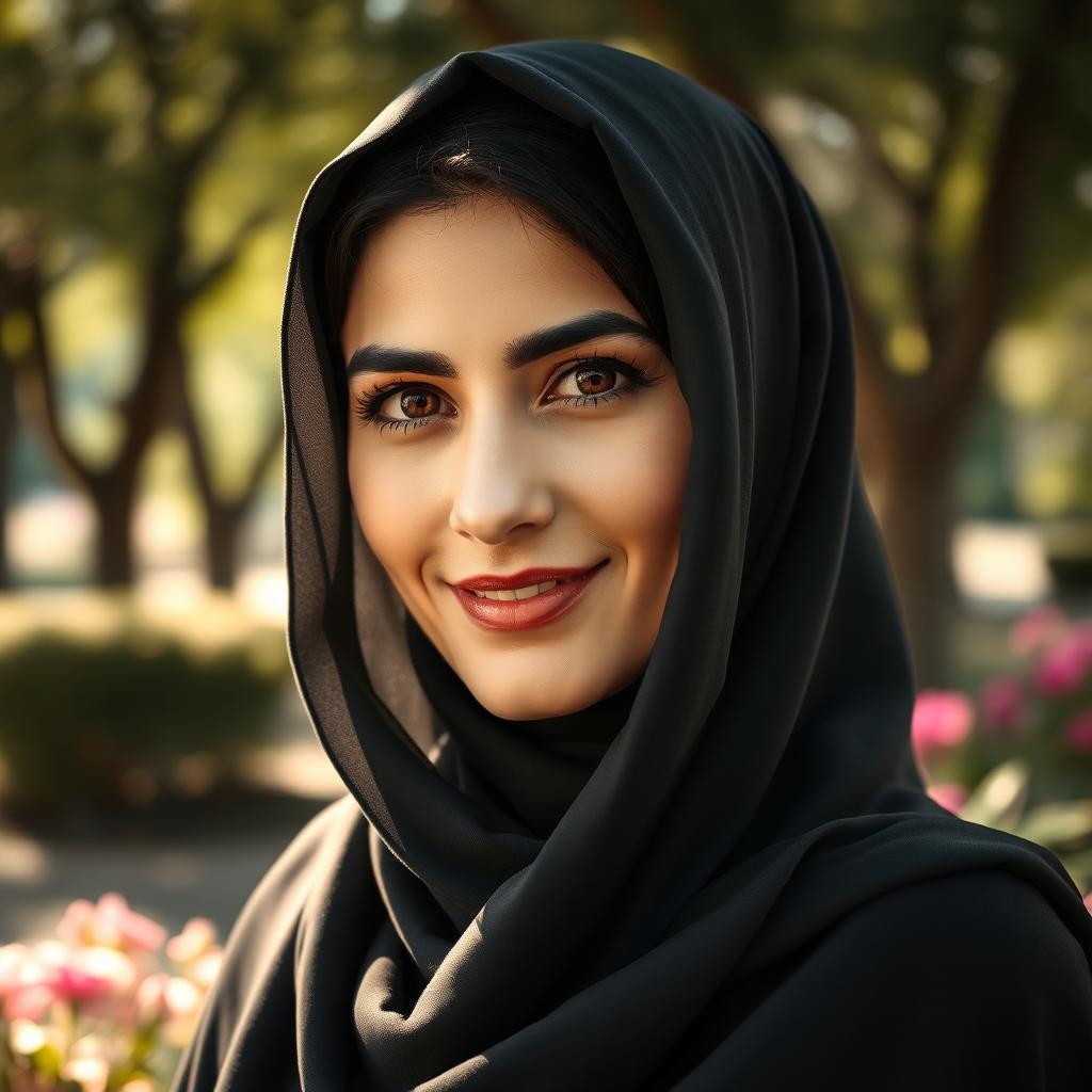 A stunning portrait of a confident Iranian woman wearing a traditional chador, her face beautifully framed, showcasing her expressive eyes and a gentle smile
