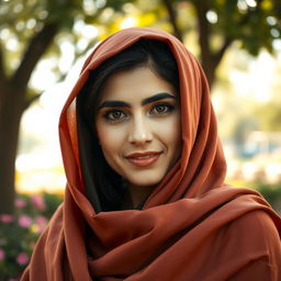 A stunning portrait of a confident Iranian woman wearing a traditional chador, her face beautifully framed, showcasing her expressive eyes and a gentle smile