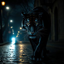 A striking black tiger depicted in a dramatic and eerie pose, its fur glistening subtly against a dimly lit dark street background