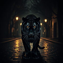 A striking black tiger depicted in a dramatic and eerie pose, its fur glistening subtly against a dimly lit dark street background