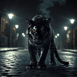 A striking black tiger depicted in a dramatic and eerie pose, its fur glistening subtly against a dimly lit dark street background