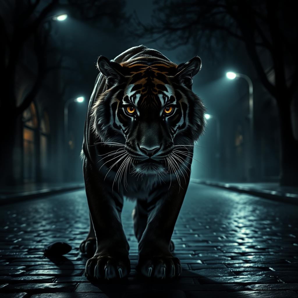 A striking black tiger depicted in a dramatic and eerie pose, its fur glistening subtly against a dimly lit dark street background