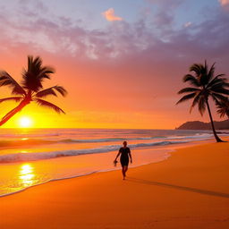 A picturesque beach scene during sunset, featuring soft golden sand and gentle waves lapping at the shore