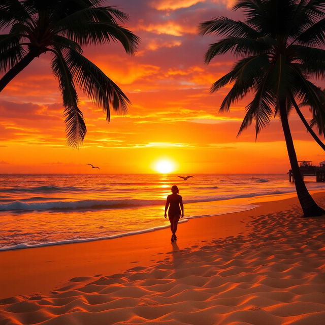 A picturesque beach scene during sunset, featuring soft golden sand and gentle waves lapping at the shore