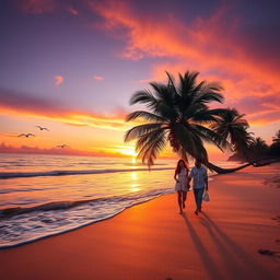 A picturesque beach scene during sunset, featuring soft golden sand and gentle waves lapping at the shore