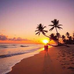 A picturesque beach scene during sunset, featuring soft golden sand and gentle waves lapping at the shore