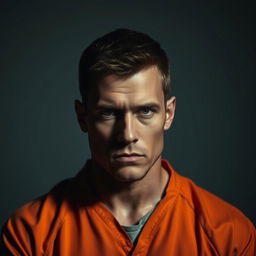 A stylized prison photo featuring a male subject with short hair, wearing a classic orange jumpsuit