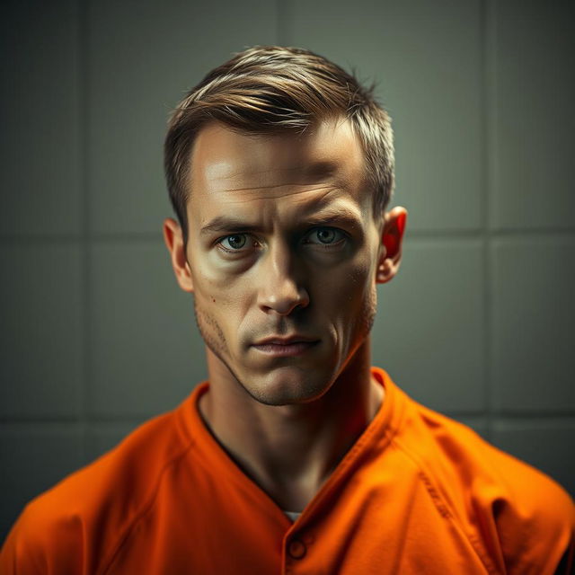 A stylized prison photo featuring a male subject with short hair, wearing a classic orange jumpsuit