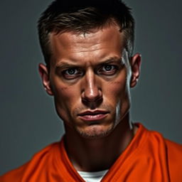 A stylized prison photo featuring a male subject with short hair, wearing a classic orange jumpsuit