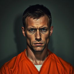 A stylized prison photo featuring a male subject with short hair, wearing a classic orange jumpsuit