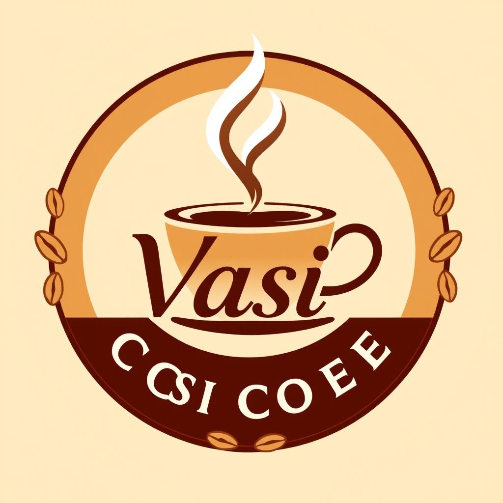A logo design for 'Vasi Coffee' featuring a stylized coffee cup with steam rising, elegantly integrated with the text 'Vasi Coffee' in a modern and stylish font