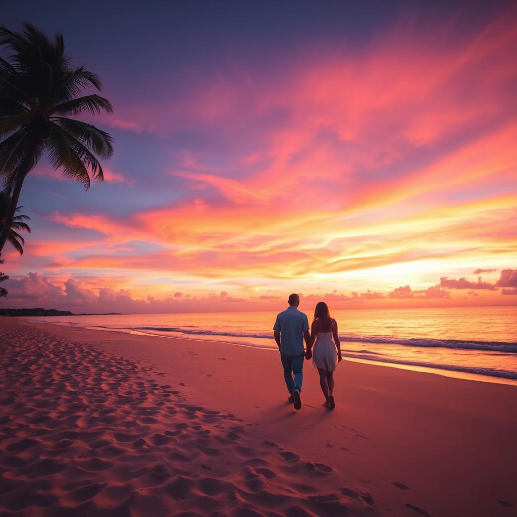 A stunning beach scene during sunset, with golden sands stretching out towards a calm sea that reflects the vibrant hues of orange, pink, and purple in the sky