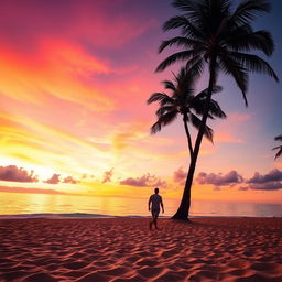 A stunning beach scene during sunset, with golden sands stretching out towards a calm sea that reflects the vibrant hues of orange, pink, and purple in the sky