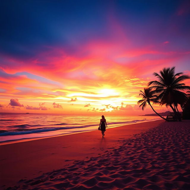 A stunning beach scene during sunset, with golden sands stretching out towards a calm sea that reflects the vibrant hues of orange, pink, and purple in the sky