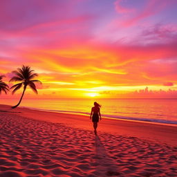 A stunning beach scene during sunset, with golden sands stretching out towards a calm sea that reflects the vibrant hues of orange, pink, and purple in the sky