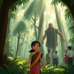 In a lush, green forest filled with towering sandalwood trees, sunlight streams down through the canopy, casting dappled light on the forest floor