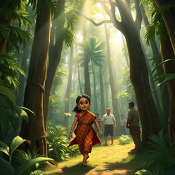 In a lush, green forest filled with towering sandalwood trees, sunlight streams down through the canopy, casting dappled light on the forest floor