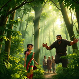 In a lush, green forest filled with towering sandalwood trees, sunlight streams down through the canopy, casting dappled light on the forest floor