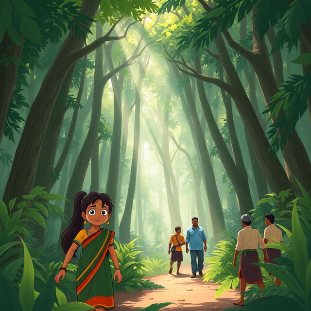 In a lush, green forest filled with towering sandalwood trees, sunlight streams down through the canopy, casting dappled light on the forest floor